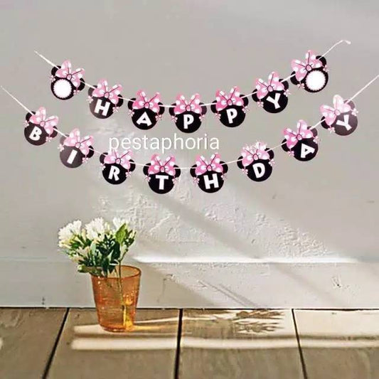 Bunting Flag / Banner Happy Birthday Kepala Minnie Mouse Pink