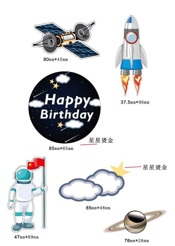 Cake Topper Happy Birthday Astronot / Rocket / Planet Black