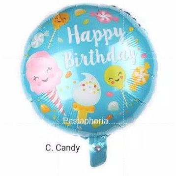 Balon Foil Bulat HBD Happy Birthday Shark/Ice Cream/Candy/Cake/Carousel/Dog/Turtle Size 45 cm