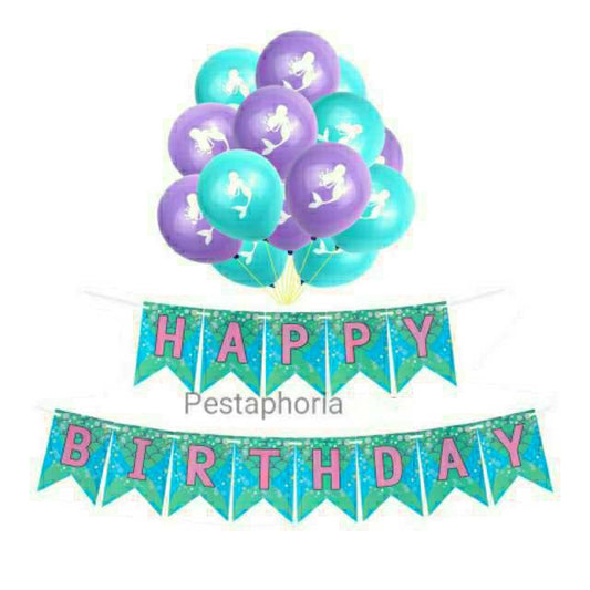 Set isi 10 Balon Latex Mermaid Size 10 inch dan Banner HBD Happy Birthday Mermaid Tail
