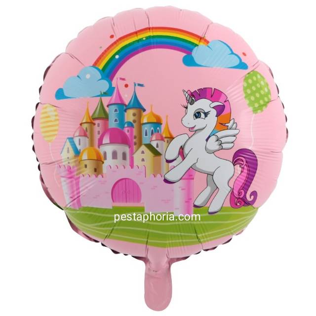 Balon Foil Bulat Unicorn Rainbow Castle Size 45 cm
