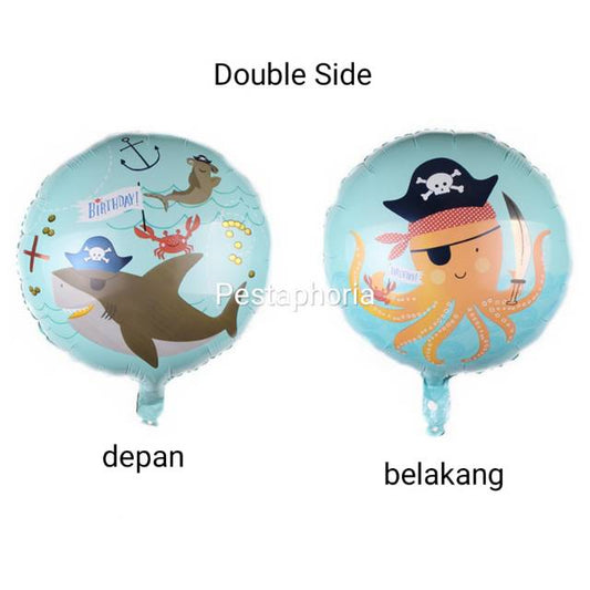 Balon Foil Bulat Happy Birthday HBD Pirate Shark & Octopus Double Side Size 45 cm