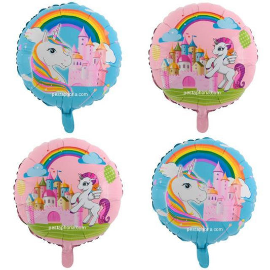 Balon Foil Bulat Unicorn Rainbow Castle Size 45 cm