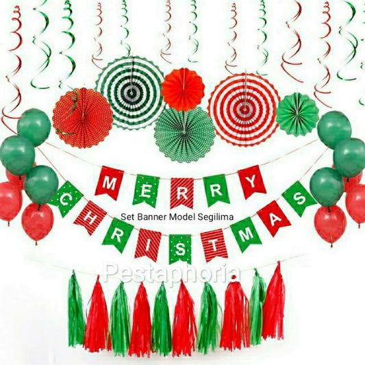 Paket Set Banner Natal/Garland/Paper Fan/Backdrop/Balon/ Dekorasi Natal Merry Christmas Decoration