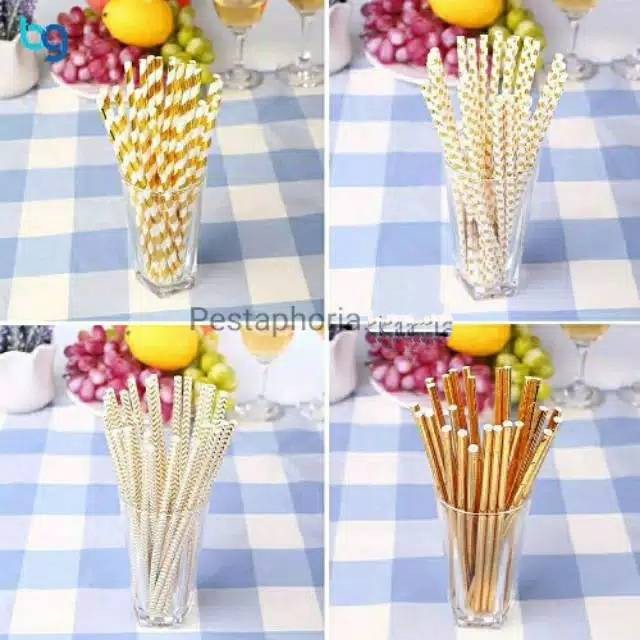 Paper Straw/Sedotan Kertas Gold/Silver/Rose Gold Polos Polkadot Astor Chevron
