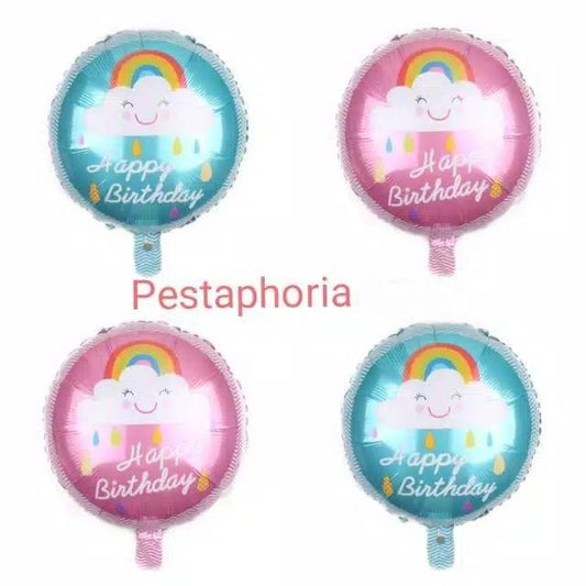 Balon Foil Bulat HBD Happy Birthday Rainbow Cloud Rain Size 45 cm