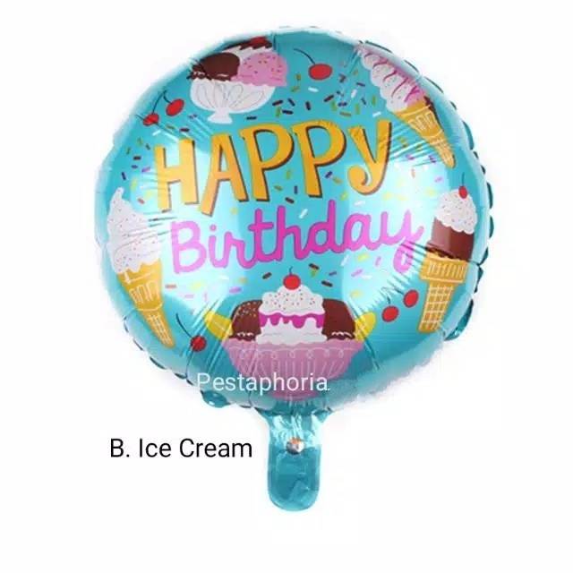 Balon Foil Bulat HBD Happy Birthday Shark/Ice Cream/Candy/Cake/Carousel/Dog/Turtle Size 45 cm