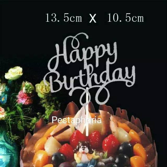 Cake Topper Happy Birthday Huruf Latin Swirly Warna Silver