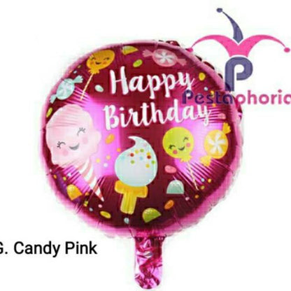 Balon Foil Bulat HBD Happy Birthday Shark/Ice Cream/Candy/Cake/Carousel/Dog/Turtle Size 45 cm
