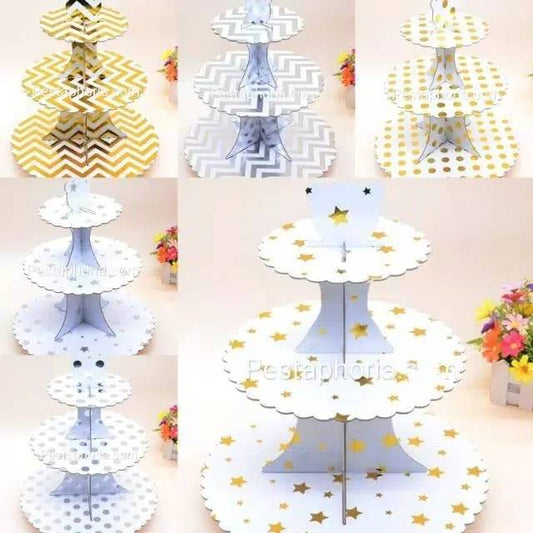 3 Tier Cupcake Stand / Cake Stand Gold Silver Polkadot Zigzag Star