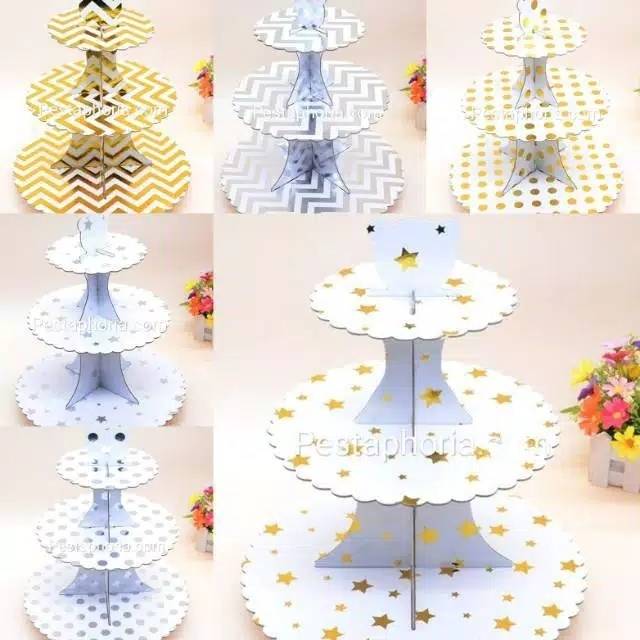 3 Tier Cupcake Stand / Cake Stand Gold Silver Polkadot Zigzag Star