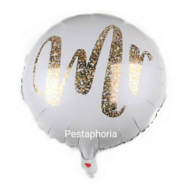 Balon Foil Bulat Mr / Mrs Glitter Gold /Hati Tulisan Love Glitter Gold Size 45 cm