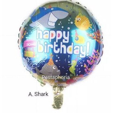 Balon Foil Bulat HBD Happy Birthday Shark/Ice Cream/Candy/Cake/Carousel/Dog/Turtle Size 45 cm