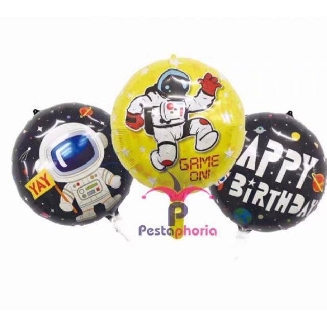 Balon Foil Bulat HBD / Happy Birthday Astronot Size 45 cm