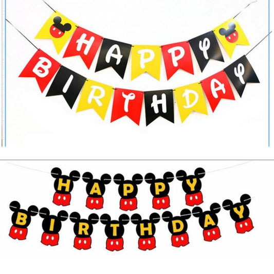 Bunting Flag / Banner Happy Birthday  Mickey Merah Hitam
