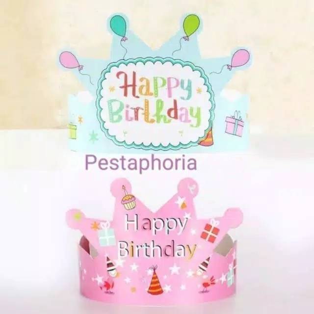 ( isi 10 pcs ) Party Hat / Topi Pesta Ulang Tahun / Ultah Motif Balon &  Cake Mahkota / Crown