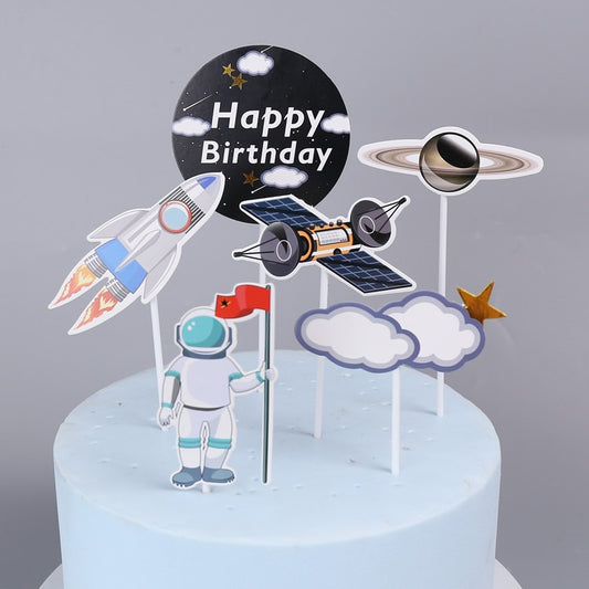 Cake Topper Happy Birthday Astronot / Rocket / Planet Black