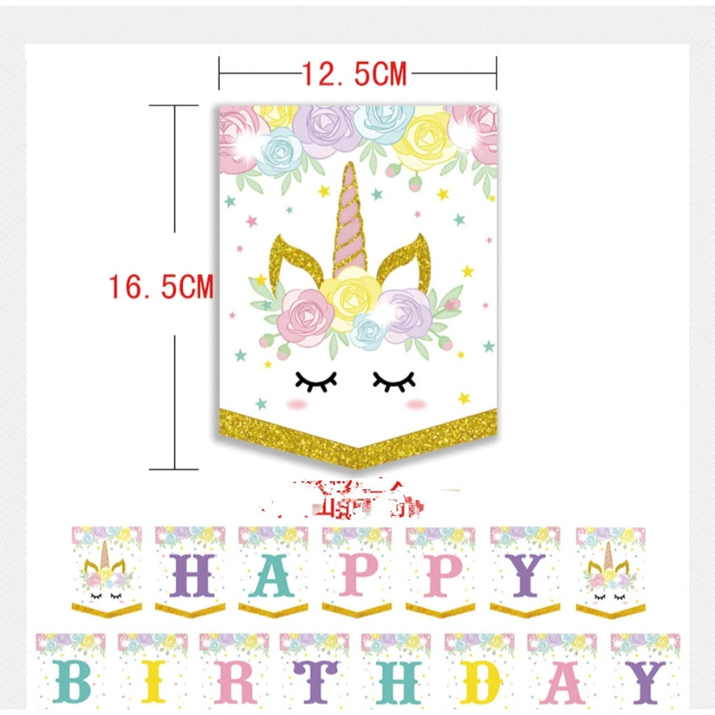 Bunting Flags / Banner Happy Birthday HBD Unicorn Eyelash Gold Glitter