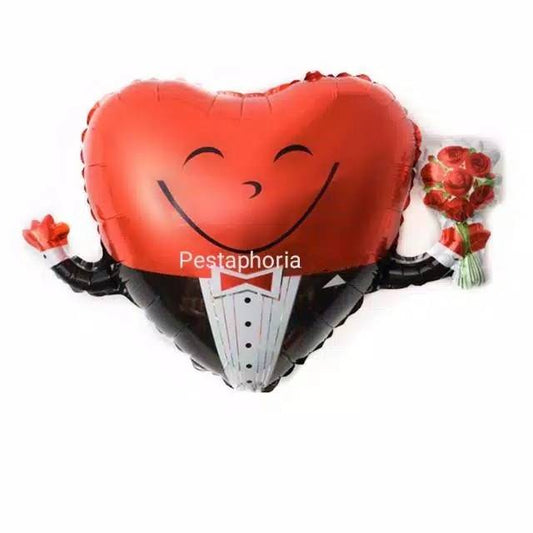 Balon Foil Hati Jas Bunga / Smiley Heart Suit Rose Flower Size 63 cm