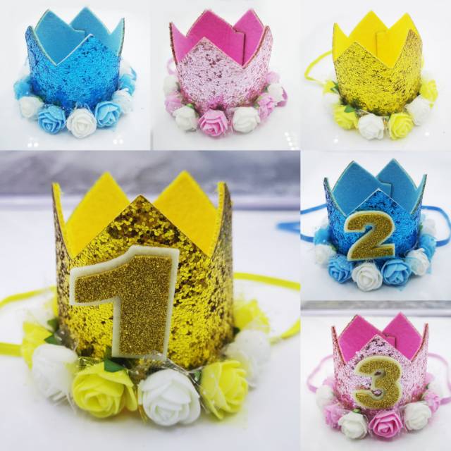 Flower Crown Glitter / Mahkota Flannel 1st 2nd 3rd 4th 5th Birthday Boy / Girl Gold Blue Pink