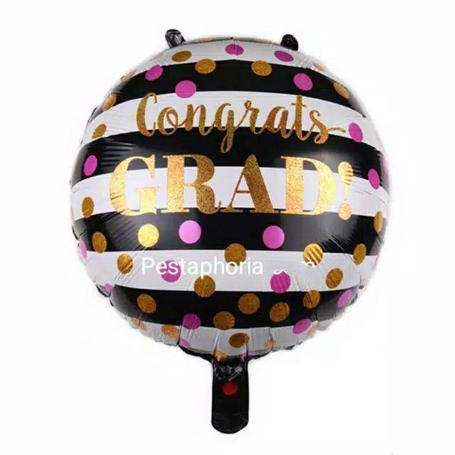Balon Foil Wisuda / Graduation / Toga Stripe Black Congrats Grad Gold Size 70 cm