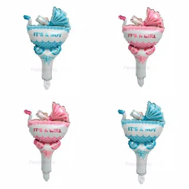 Balon Foil Pentung / Tongkat / Tenis / Handheld Baby Stroller It's A Girl / Boy