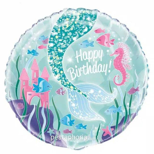 Balon Foil HBD Bulat Happy Birthday Mermaid Tail Size 45 cm