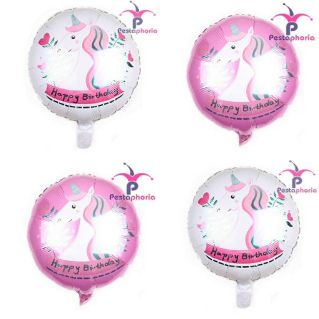 Balon Foil HBD Bulat Happy Birthday Unicorn Head Flower Size 45 cm