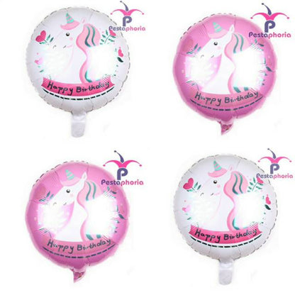 Balon Foil HBD Bulat Happy Birthday Unicorn Head Flower Size 45 cm