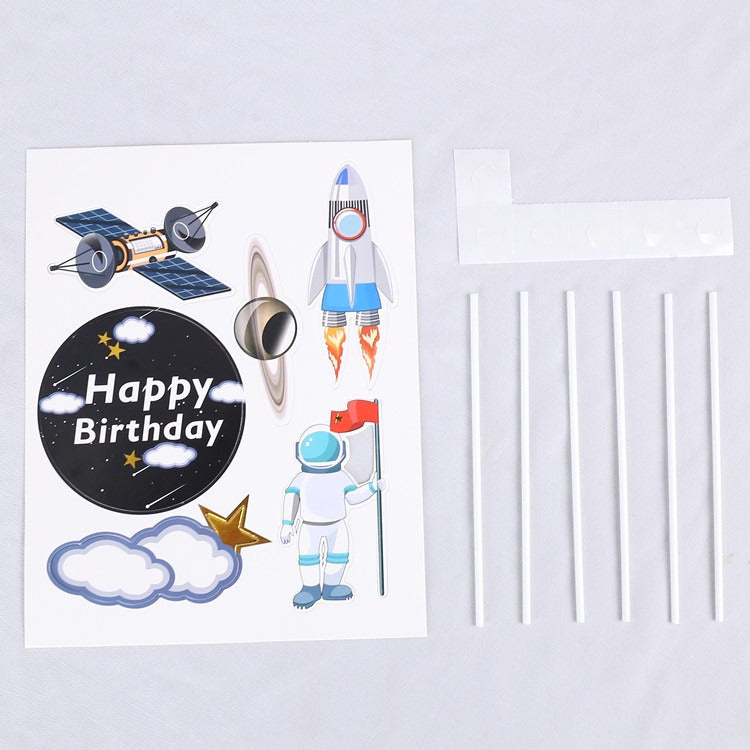 Cake Topper Happy Birthday Astronot / Rocket / Planet Black