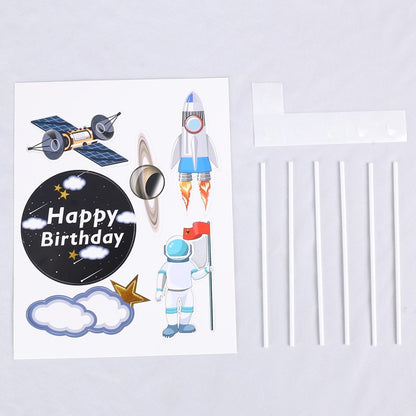 Cake Topper Happy Birthday Astronot / Rocket / Planet Black