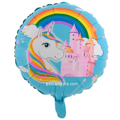 Balon Foil Bulat Unicorn Rainbow Castle Size 45 cm