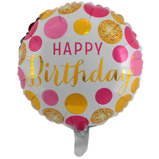 Balon Foil HBD Bulat Happy Birthday Polkadot Gold Pink