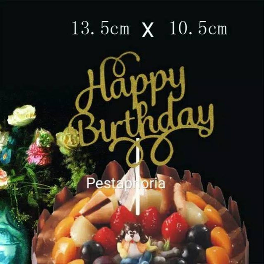 Cake Topper Happy Birthday Huruf Latin Swirly Warna Gold