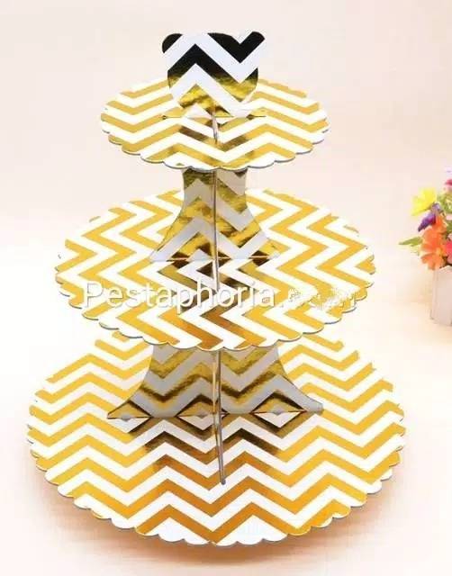 3 Tier Cupcake Stand / Cake Stand Gold Silver Polkadot Zigzag Star