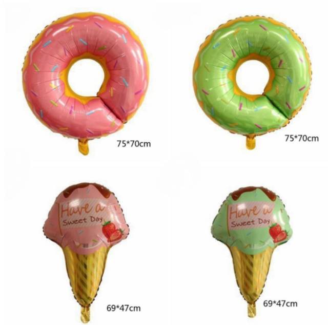 Balon Foil Donut, Ice Cream, Sprinkle Star, Stripe Round/Donat, Es Krim, Bintang Mesis, Bulat Strip