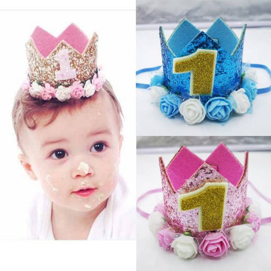 Flower Crown Glitter / Mahkota Flannel 1st 2nd 3rd 4th 5th Birthday Boy / Girl Gold Blue Pink