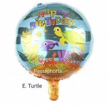 Balon Foil Bulat HBD Happy Birthday Shark/Ice Cream/Candy/Cake/Carousel/Dog/Turtle Size 45 cm