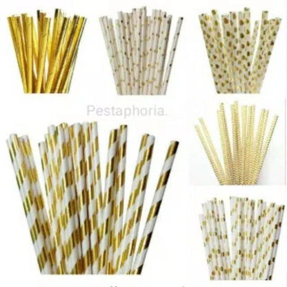Paper Straw/Sedotan Kertas Gold/Silver/Rose Gold Polos Polkadot Astor Chevron