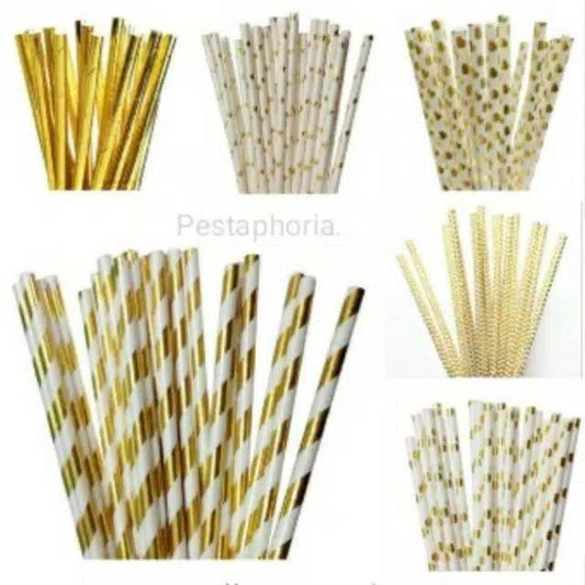 Paper Straw/Sedotan Kertas Gold/Silver/Rose Gold Polos Polkadot Astor Chevron