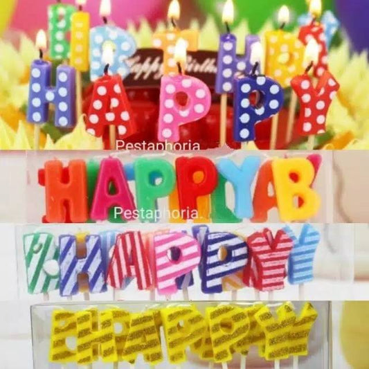 Lilin Ulang Tahun / Happy Birthday Candles Warna Warni Polkadot, Stripe, Polos