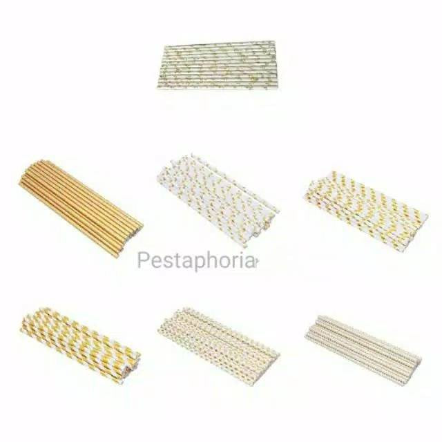 Paper Straw/Sedotan Kertas Gold/Silver/Rose Gold Polos Polkadot Astor Chevron