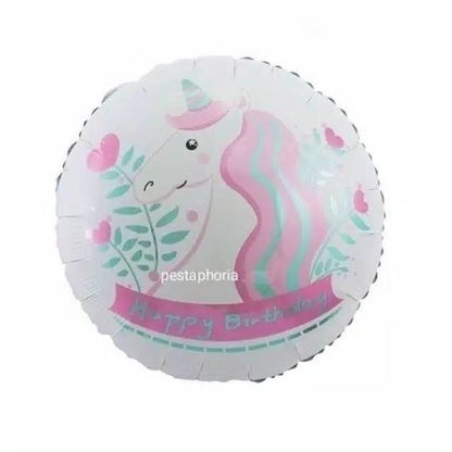 Balon Foil HBD Bulat Happy Birthday Unicorn Head Flower Size 45 cm