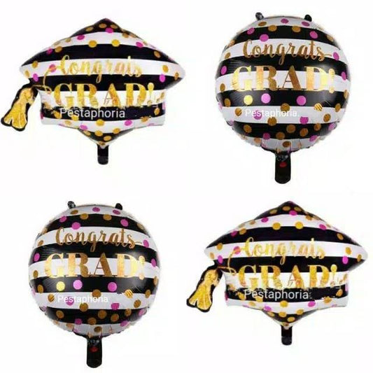 Balon Foil Wisuda / Graduation / Toga Stripe Black Congrats Grad Gold Size 70 cm