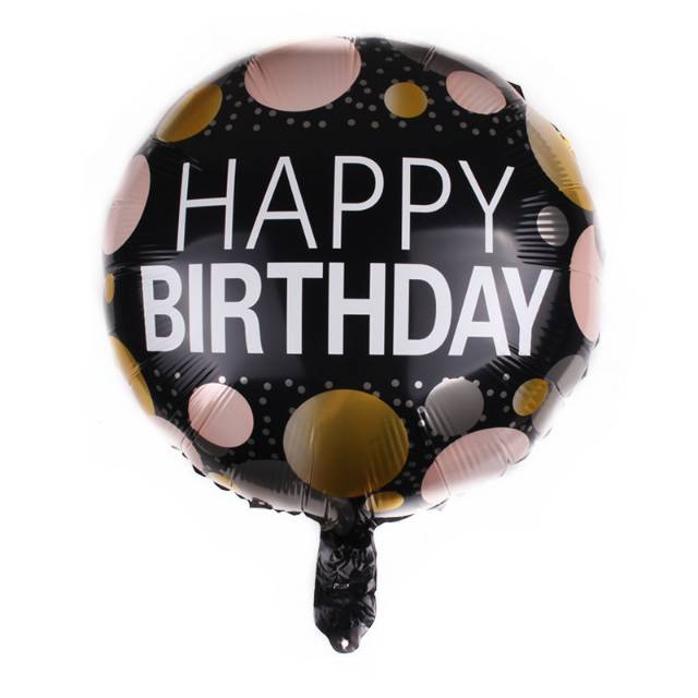 Balon Foil Bulat HBD Happy Birthday Hitam Polka Rose Gold Size 45 cm