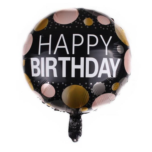 Balon Foil Bulat HBD Happy Birthday Hitam Polka Rose Gold Size 45 cm