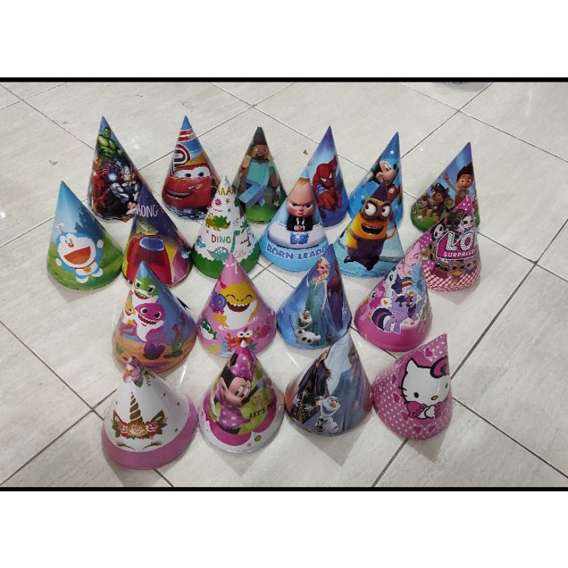 ( isi 10 pcs ) Party Hat / Topi Pesta Ulang Tahun / Ultah Karakter / Kartun Model Kerucut