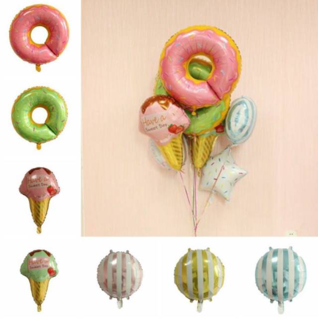 Balon Foil Donut, Ice Cream, Sprinkle Star, Stripe Round/Donat, Es Krim, Bintang Mesis, Bulat Strip