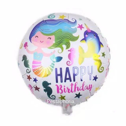 Balon Foil HBD Bulat Happy Birthday Little Mermaid Size 45 cm