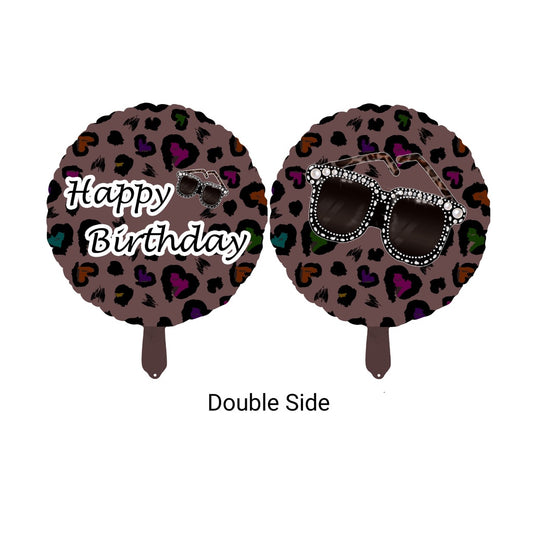Balon Foil Bulat HBD / Happy Birthday Shining Diamond Glasses Leopard Print Double Side Size 45 cm
